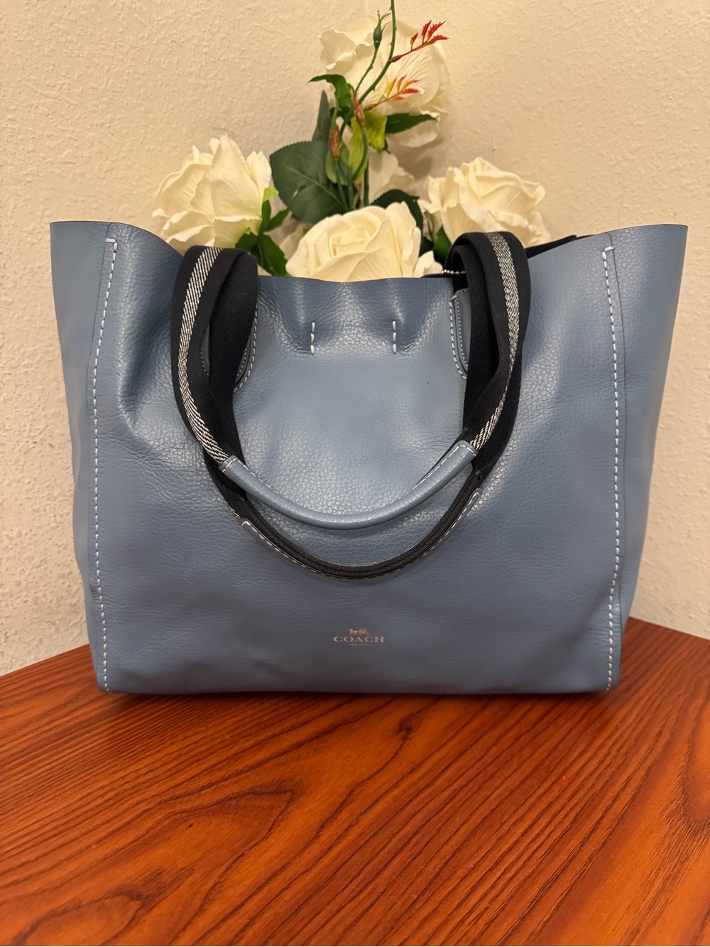 Coach Blue Leather Tote with Navy Striped Handles - Picture 13 of 16